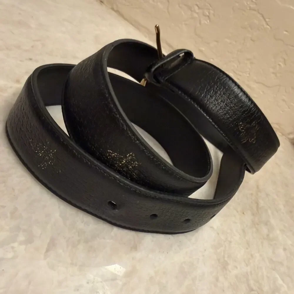 Men's Gucci Bees & Stars Black Leather Belt with Brass Buckle